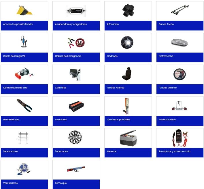 Categorías disponibles a la venta de accesorios para todo tipo de vehículos
