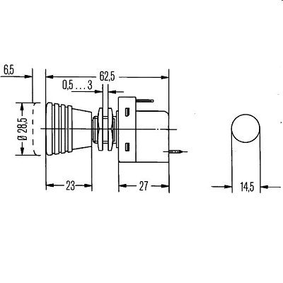Interruptor - S05 - Accionamiento por cable - 12/24V - Número de conexiones: 3 - atornillado - Interruptor on/off - Halógena - Calibre Ø: 14.5mm - ilu 6ED 004 778-011 HELLA