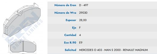 Pastillas de Freno WVA 29030 Mercedes, MAN y Renault | EREN D-497